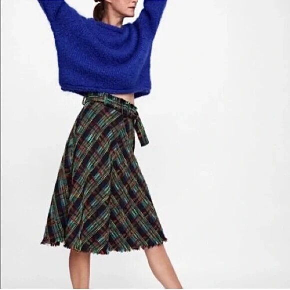 Zara Multicolor Tweed A-line Midi Skirt with Belt - Picture 1 of 9